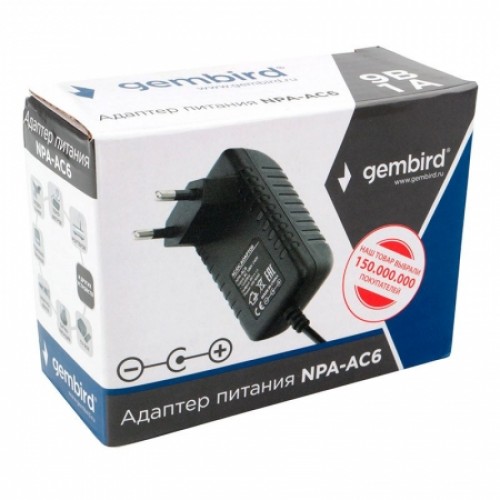 Адаптер питания Gembird NPA-AC6, 9В/1А, штекер 5,5х2,5 мм, положит. полярность (+)