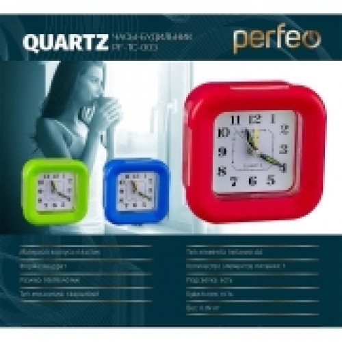 Часы будильник Perfeo Quartz PF-TC-003, квадратные, 9.5x9.5 см, подсветка, красные (PF_C3096)