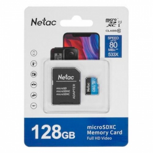 Карта памяти Micro SDXC 128Gb Netac P500 Class 10 U1 80 Мб/c с адаптером SD (NT02P500STN-128G-R)