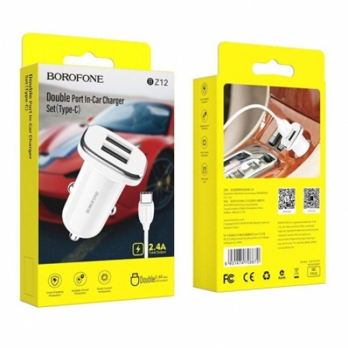 Зарядное автомобильное устройство Borofone BZ12, 2.4A 2xUSB+ кабель Type C, белое