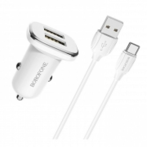 Зарядное автомобильное устройство Borofone BZ12, 2.4A 2xUSB+ кабель Type C, белое
