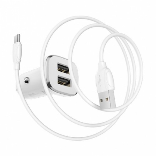 Зарядное автомобильное устройство Borofone BZ12, 2.4A 2xUSB+ кабель Type C, белое