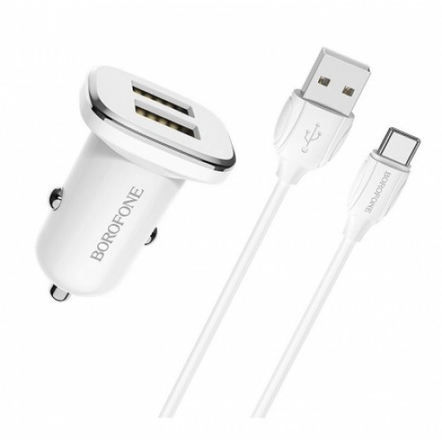 Зарядное автомобильное устройство Borofone BZ12, 2.4A 2xUSB+ кабель Type C, белое