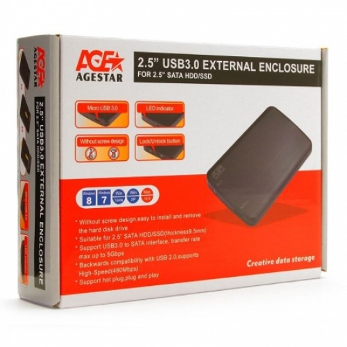 Внешний контейнер для 2.5 HDD S-ATA AgeStar 3UB2A12, черный, USB 3.0"
