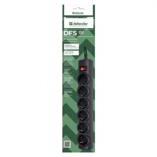 Сетевой фильтр Defender DFS 151, 1.8 м, черный, 6 розеток (99494)