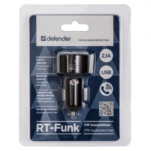 Автомобильный FM-трансмиттер Defender RT-Funk BT/HF, Bluetooth, USB 2.1A (68011)