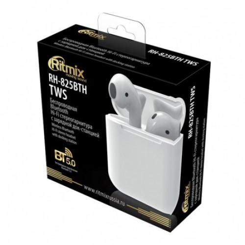 Гарнитура Bluetooth Ritmix RH-825BTH TWS, вставная, зарядный кейс, сенсорн. управление, белая