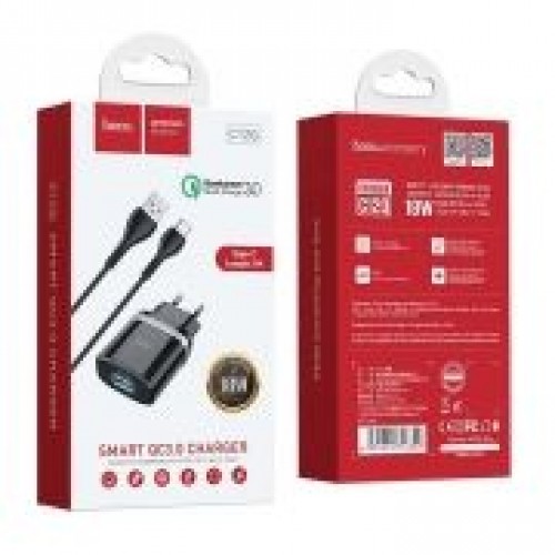 Зарядное устройство Hoco C12Q QC3.0 3А USB + кабель Type C, чёрное