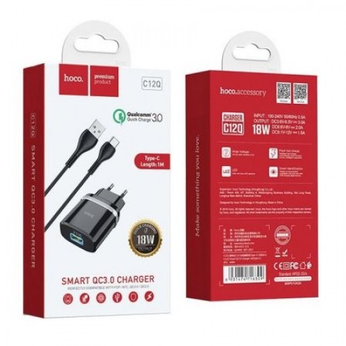 Зарядное устройство Hoco C12Q QC3.0 3А USB + кабель Type C, чёрное