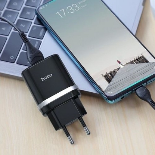 Зарядное устройство Hoco C12Q QC3.0 3А USB + кабель Type C, чёрное