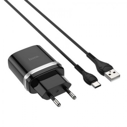 Зарядное устройство Hoco C12Q QC3.0 3А USB + кабель Type C, чёрное