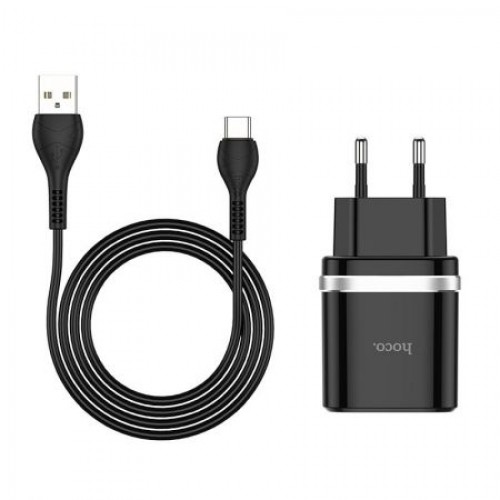 Зарядное устройство Hoco C12Q QC3.0 3А USB + кабель Type C, чёрное