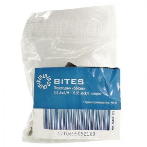 Адаптер 3.5 stereo plug -> 6.3 stereo jack, пластиковый корпус, 5bites (AA-3M6F-03)