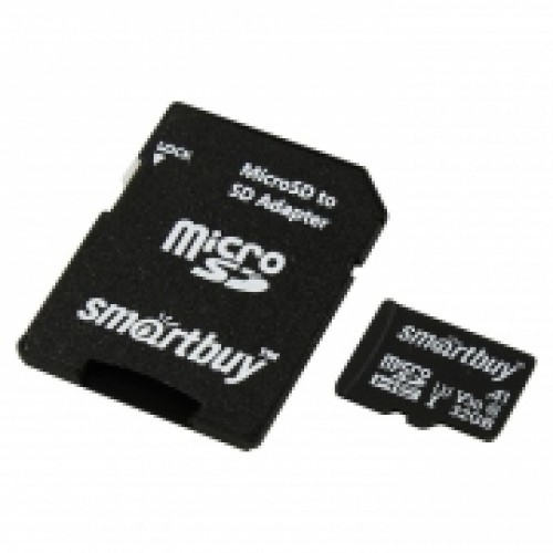 Карта памяти Micro SDHC 32Gb Smartbuy Class 10 U3 V30, 90/55 Мб/с + адаптер SD (SB32GBSDU1A-AD)