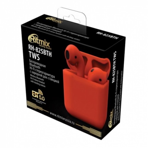 Гарнитура Bluetooth Ritmix RH-825BTH TWS, вставная, зарядный кейс, сенсорн. управление, красная