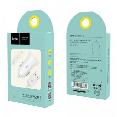 Зарядное автомобильное устройство Hoco Z2 1.5A USB + кабель Lightning, белое
