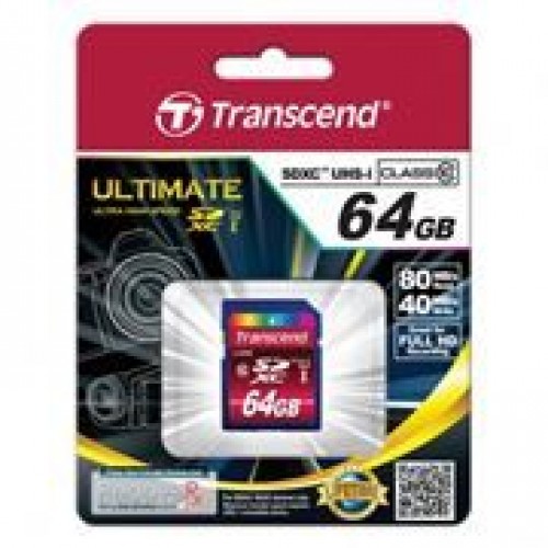 Карта памяти SDXC 64Gb Transcend Ultimate Class 10 UHS-1 U1, 90 Мб/с (TS64GSDXC10U1)