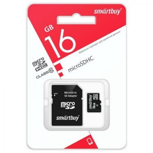Карта памяти Micro SDHC 16Gb Smartbuy Class 10 с адаптером SD (SB16GBSDCL10-01LE)