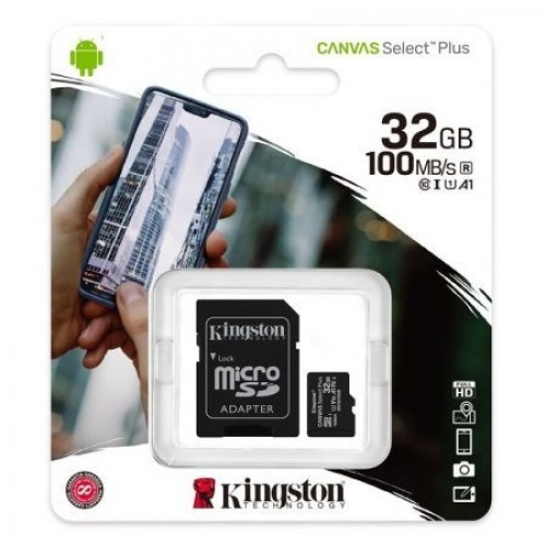 Карта памяти Micro SDHC 32Gb Kingston Class 10 Canvas Select + UHS-I U1 A1, 100 Мб/с + адаптер SD