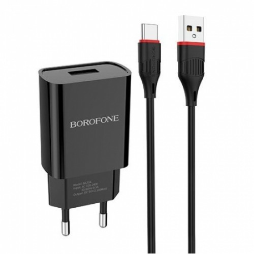 Зарядное устройство Borofone BA20A, 2.1А USB + кабель Type C, черное