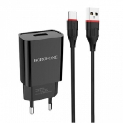 Зарядное устройство Borofone BA20A, 2.1А USB + кабель Type C, черное