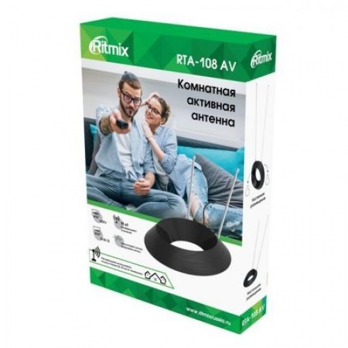Антенна комнатная для ТВ, VHF/UHF/FM, DVB-T2, активная, Ritmix RTA-108 AV
