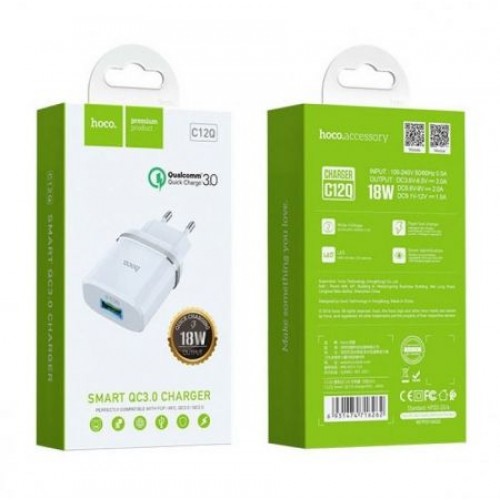 Зарядное устройство Hoco C12Q QC3.0 3А USB, белое