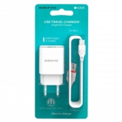 Зарядное устройство Borofone BA20A, 2.1А USB + кабель Micro USB, белое