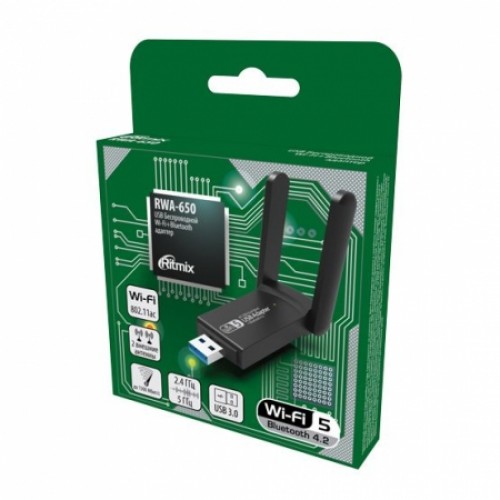 USB-адаптер 802.11n/ac + Bluetooth 4.2, 2.4/5ГГц, 867 Мбит/c, внешняя антенна 2 дБ, Ritmix RWA-650