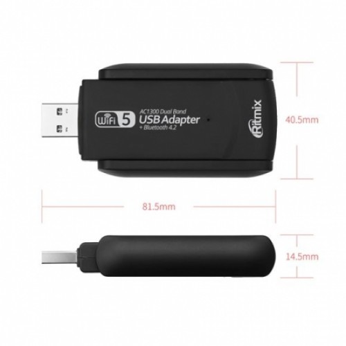 USB-адаптер 802.11n/ac + Bluetooth 4.2, 2.4/5ГГц, 867 Мбит/c, внешняя антенна 2 дБ, Ritmix RWA-650