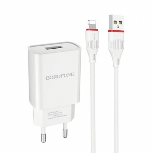 Зарядное устройство Borofone BA20A, 2.1А USB + кабель Lightning, белое