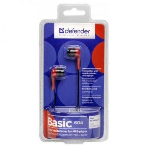 Наушники-вкладыши Defender Basic-604, красные (63605)