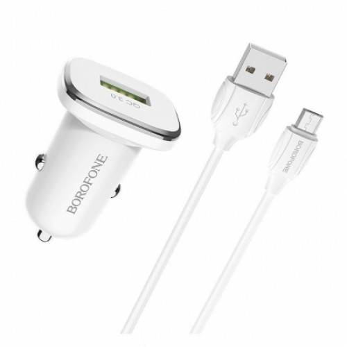 Зарядное автомобильное устройство Borofone BZ12A QC3.0, 3.6-12В, 3A USB+ кабель Micro USB, белое