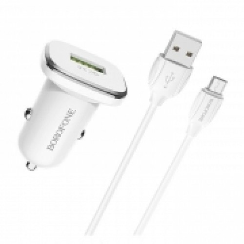 Зарядное автомобильное устройство Borofone BZ12A QC3.0, 3.6-12В, 3A USB+ кабель Micro USB, белое