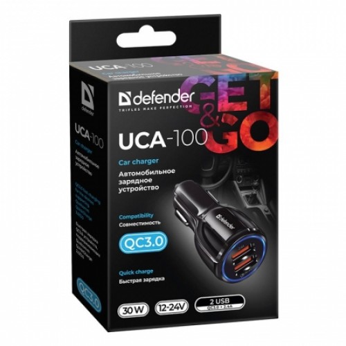 Зарядное автомобильное устройство Defender UCA-100, QC3.0 1xUSB + 2.4A 1xUSB (83833)