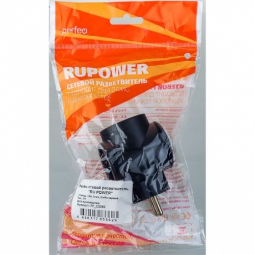 Переходник тройник Perfeo RU POWER 3T1, 1гн/з, 2гн/бз, черный, 220В 16А (PF_C3362)