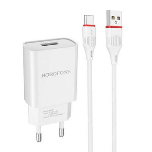 Зарядное устройство Borofone BA20A, 2.1А USB + кабель Type C, белое