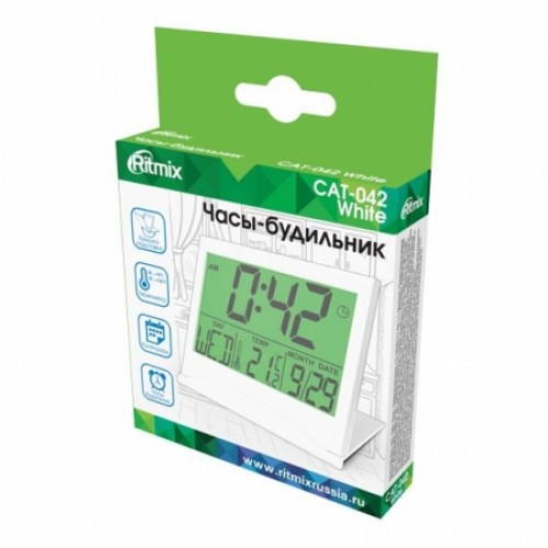 Часы будильник Ritmix CAT-042, температура, дата, складной корпус, белые