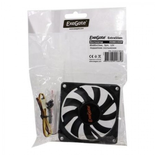 Вентилятор 80 x 80 x 15, 3 pin, 12V, 1600 об/мин, втулка, кабель 30 см, Exegate (ES08015S3P)