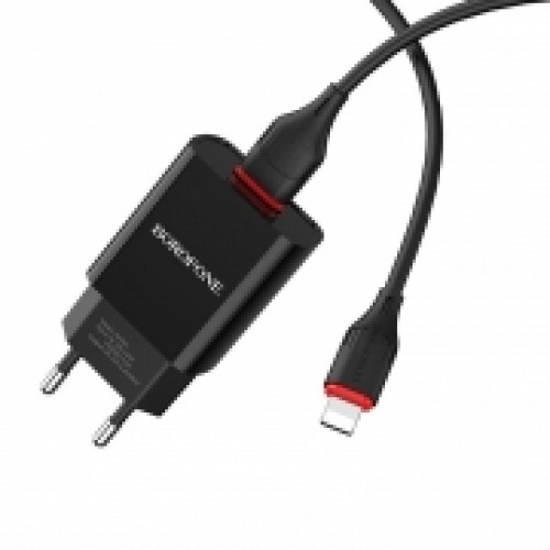 Зарядное устройство Borofone BA20A, 2.1А USB + кабель Lightning, черное