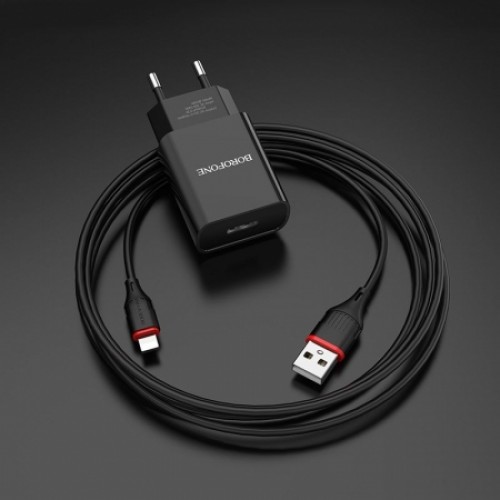 Зарядное устройство Borofone BA20A, 2.1А USB + кабель Lightning, черное
