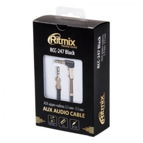 Кабель аудио 3.5 stereo plug -> 3.5 stereo plug, 1 м, угловой штекер, черный, Ritmix RCC-247
