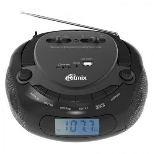 Мини аудио система Ritmix RBB-030BT, MP3, FM/AM/SW1/SW2, AUX, Bluetooth, черная