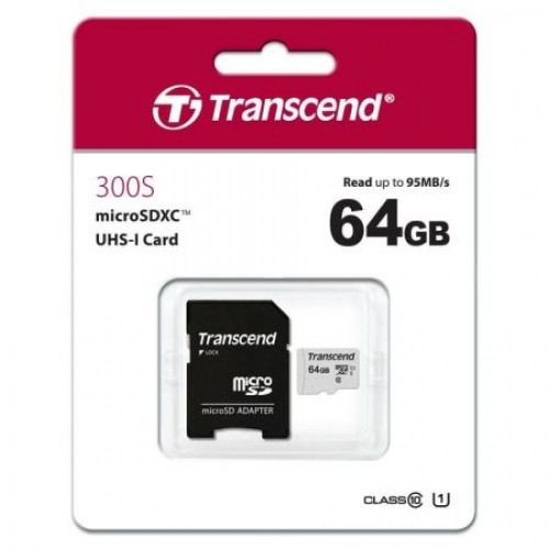 Карта памяти Micro SDXC 64Gb Transcend 300S Class 10 UHS-I U1+ адаптер SD (TS64GUSD300S-A)
