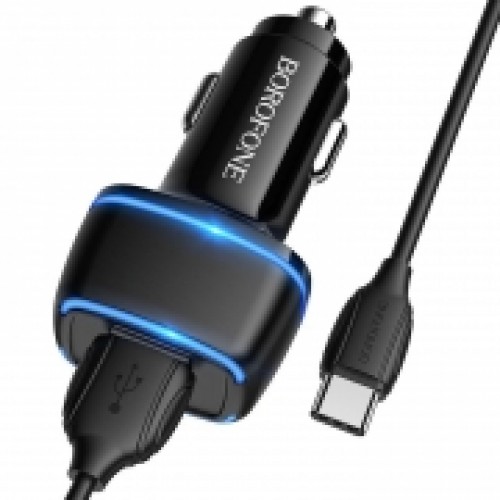Зарядное автомобильное устройство Borofone BZ14, 2.4A 2xUSB+ кабель Type C, черное