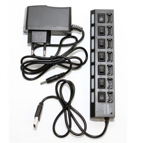 HUB 7-port 5bites HB27-203PBK Black USB 2.0 с блоком питания 2A, индивидуальные выключатели