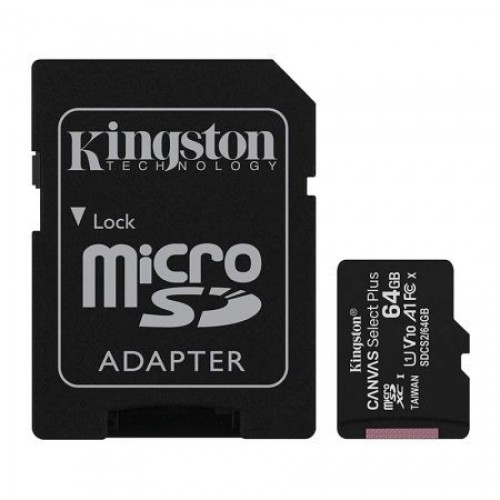 Карта памяти Micro SDXC 64Gb Kingston Class 10 Canvas Select + UHS-I U1 A1, 100 Мб/с + адаптер SD