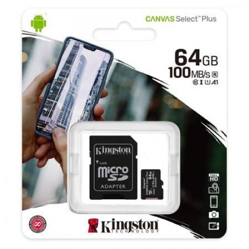 Карта памяти Micro SDXC 64Gb Kingston Class 10 Canvas Select + UHS-I U1 A1, 100 Мб/с + адаптер SD