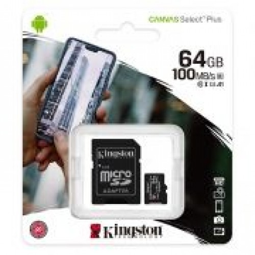 Карта памяти Micro SDXC 64Gb Kingston Class 10 Canvas Select + UHS-I U1 A1, 100 Мб/с + адаптер SD