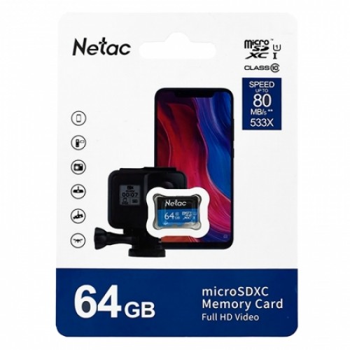 Карта памяти Micro SDXC 64Gb Netac P500 Class 10 UHS-I U1 80 Мб/c без адаптера (NT02P500STN-064G-S)